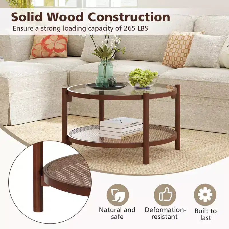 31" Round Coffee Table with Tempered Glass Top & Rattan Shelf