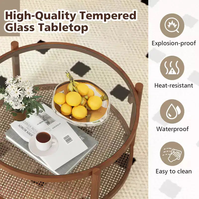 31" Round Coffee Table with Tempered Glass Top & Rattan Shelf