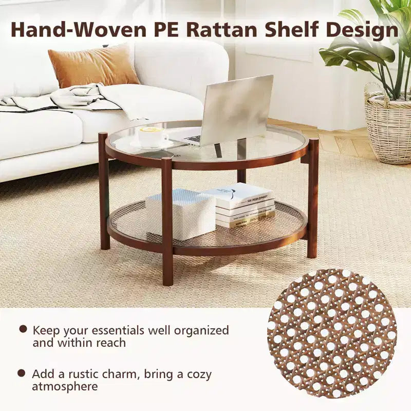 31" Round Coffee Table with Tempered Glass Top & Rattan Shelf