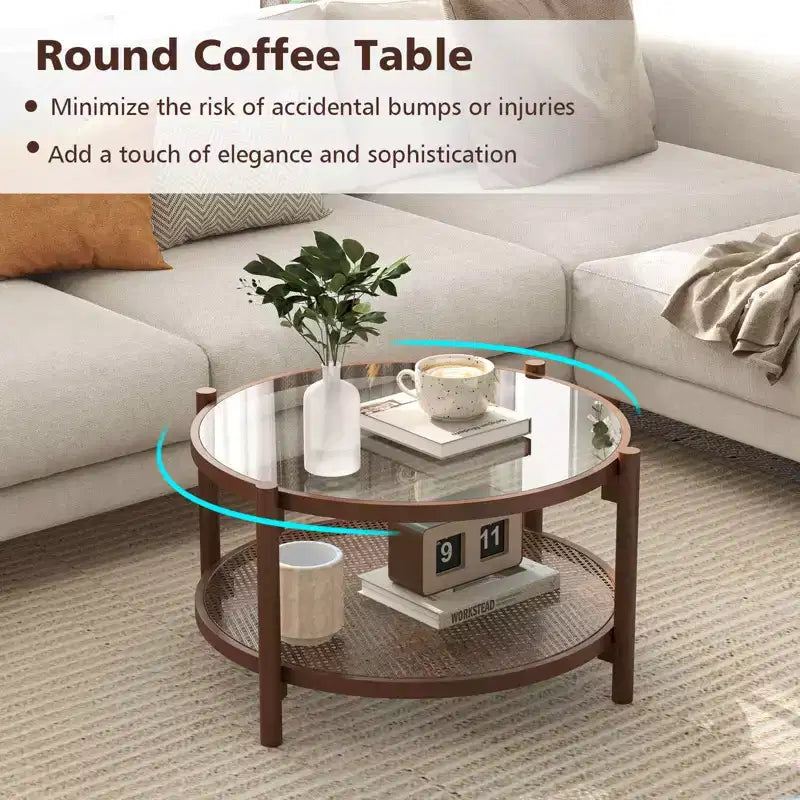 31" Round Coffee Table with Tempered Glass Top & Rattan Shelf