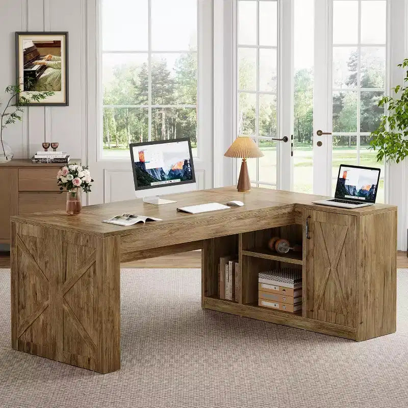 70.87" L-Shaped Executive Desk with File Cabinet