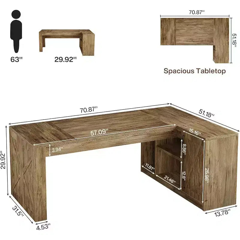 70.87" L-Shaped Executive Desk with File Cabinet