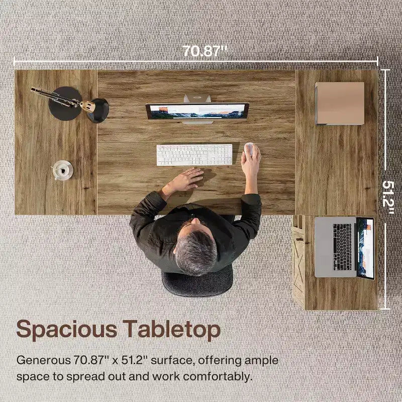 70.87" L-Shaped Executive Desk with File Cabinet