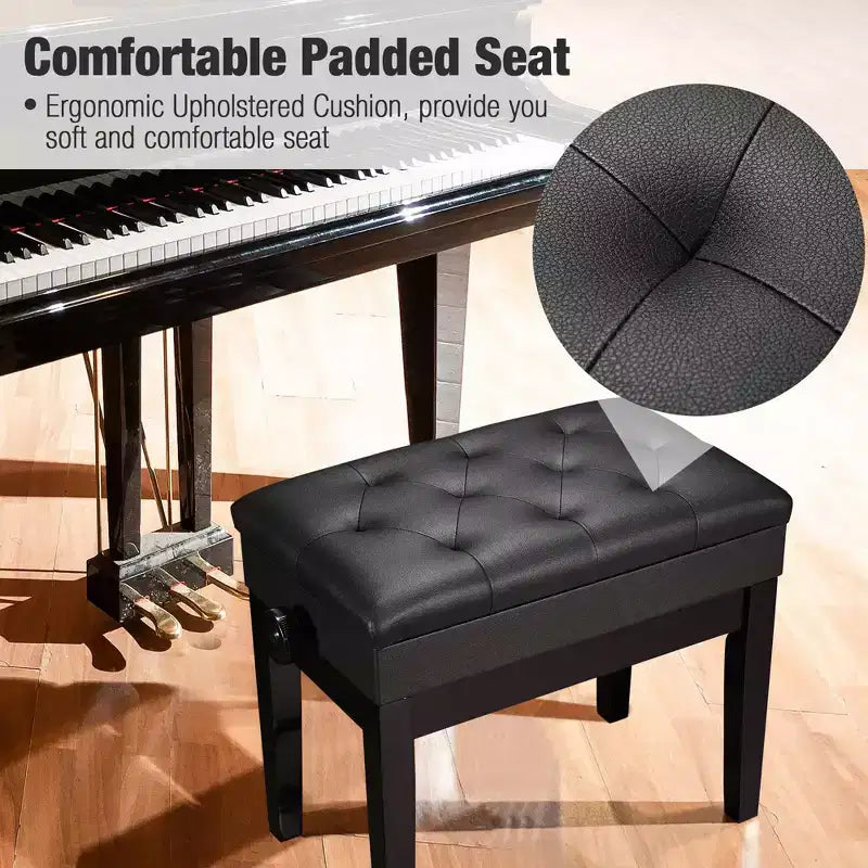 Adjustable Height Piano Bench with Storage, PU Leather, Black