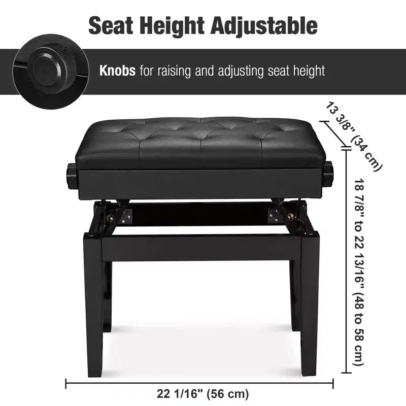 Adjustable Height Piano Bench with Storage, PU Leather, Black
