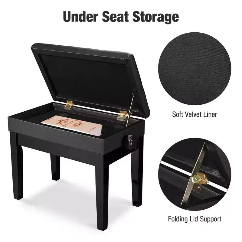 Adjustable Height Piano Bench with Storage, PU Leather, Black
