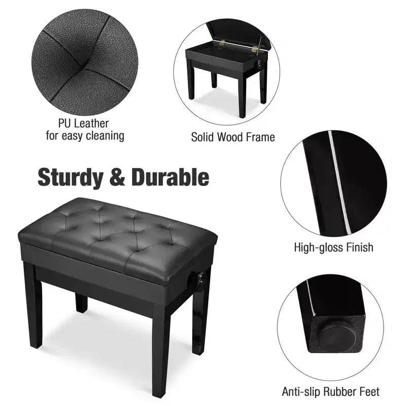 Adjustable Height Piano Bench with Storage, PU Leather, Black
