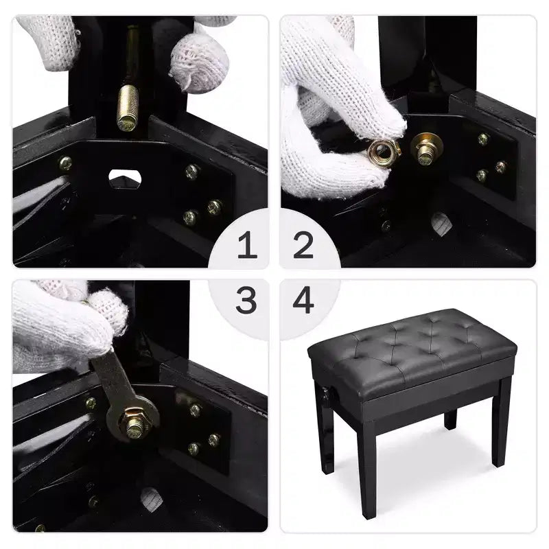 Adjustable Height Piano Bench with Storage, PU Leather, Black