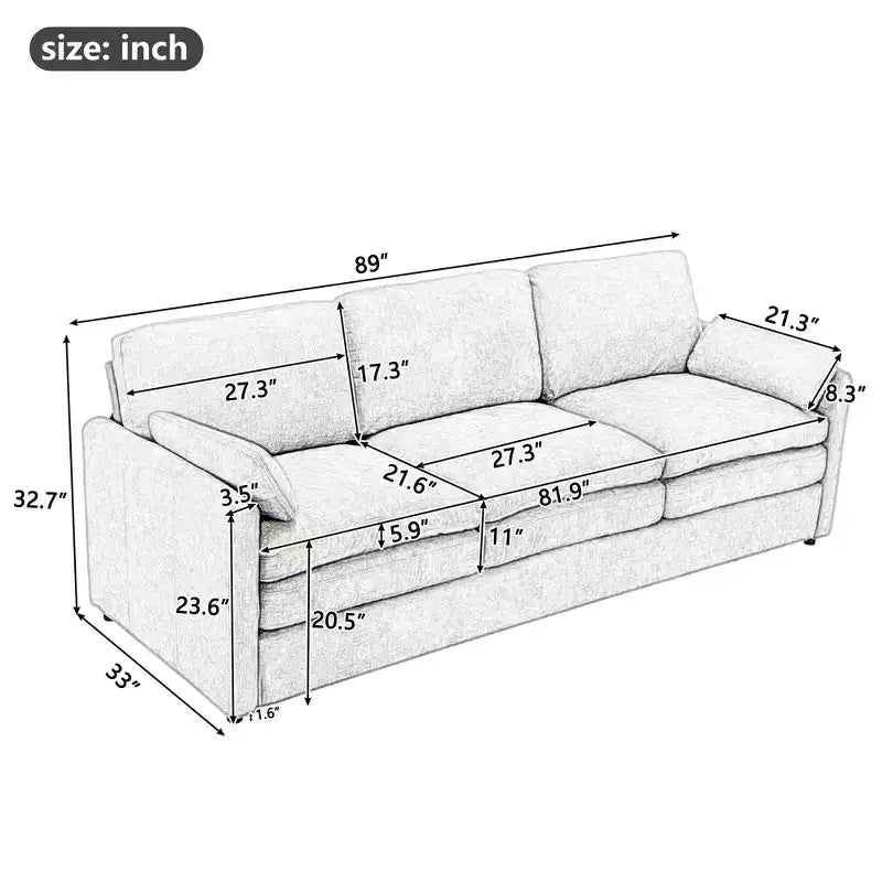89" Upholstered 3-Seater Cloud Sofa with Double Cushion