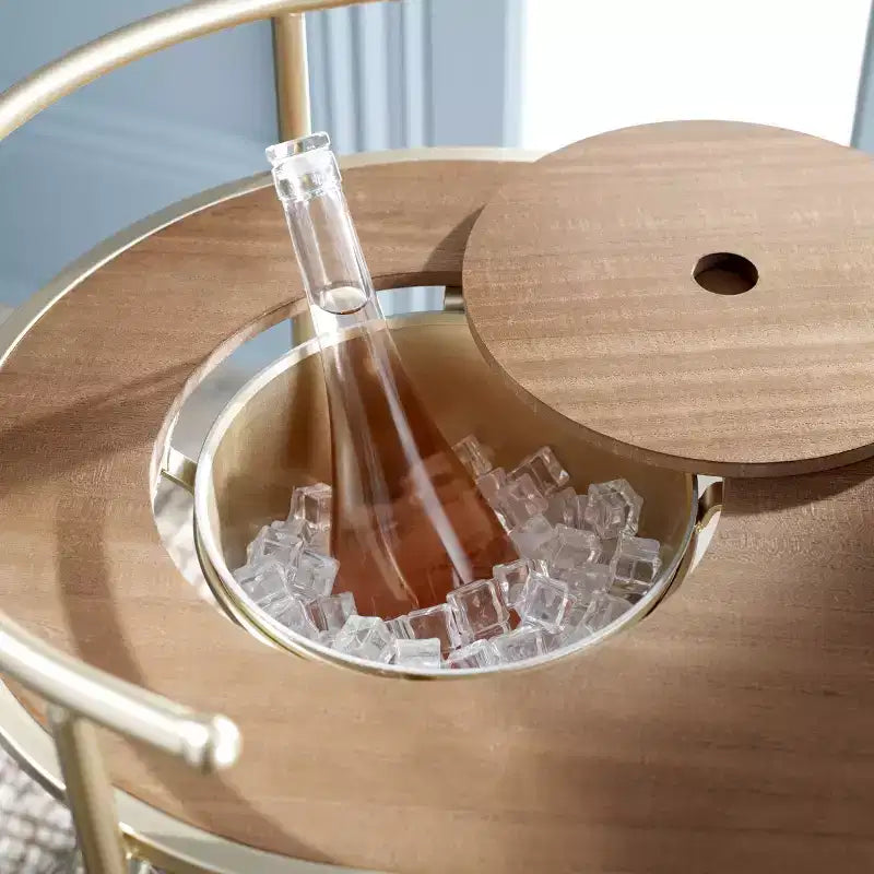 2-Tier Bar Cart with Bucket, Brushed Gold/Natural