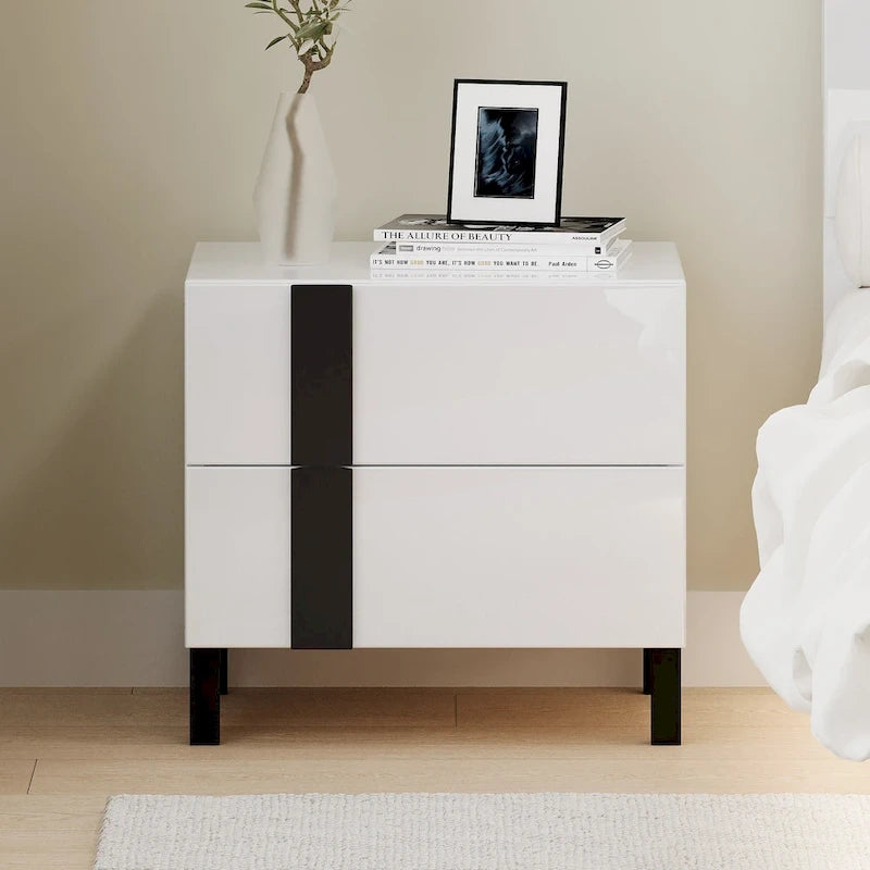 Roomfitters Modern 3 Piece Glossy Queen Platform Bed Set, Lighted Frame, 2 Nightstands, White