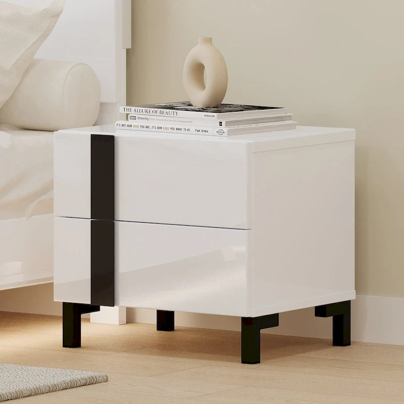 Roomfitters Modern 3 Piece Glossy Queen Platform Bed Set, Lighted Frame, 2 Nightstands, White