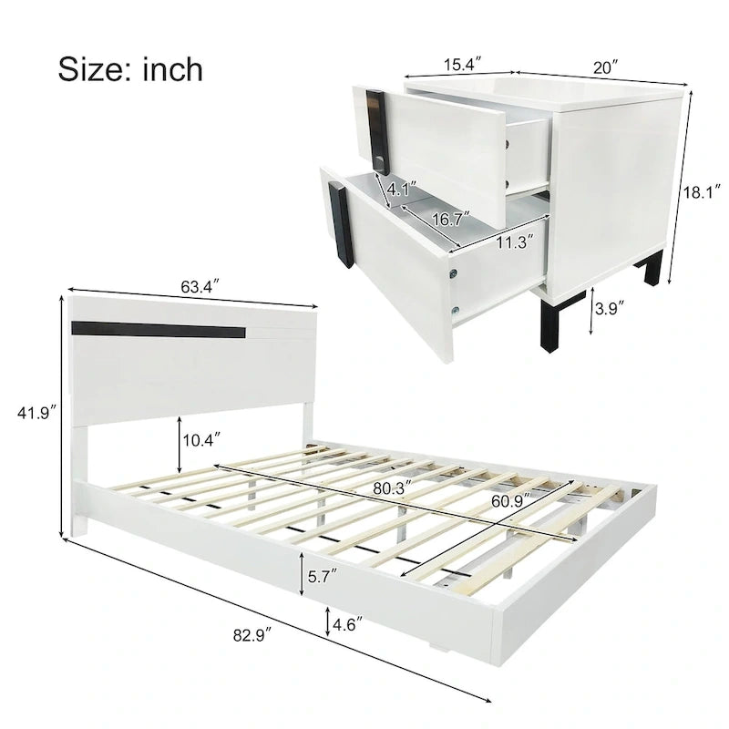 Roomfitters Modern 3 Piece Glossy Queen Platform Bed Set, Lighted Frame, 2 Nightstands, White