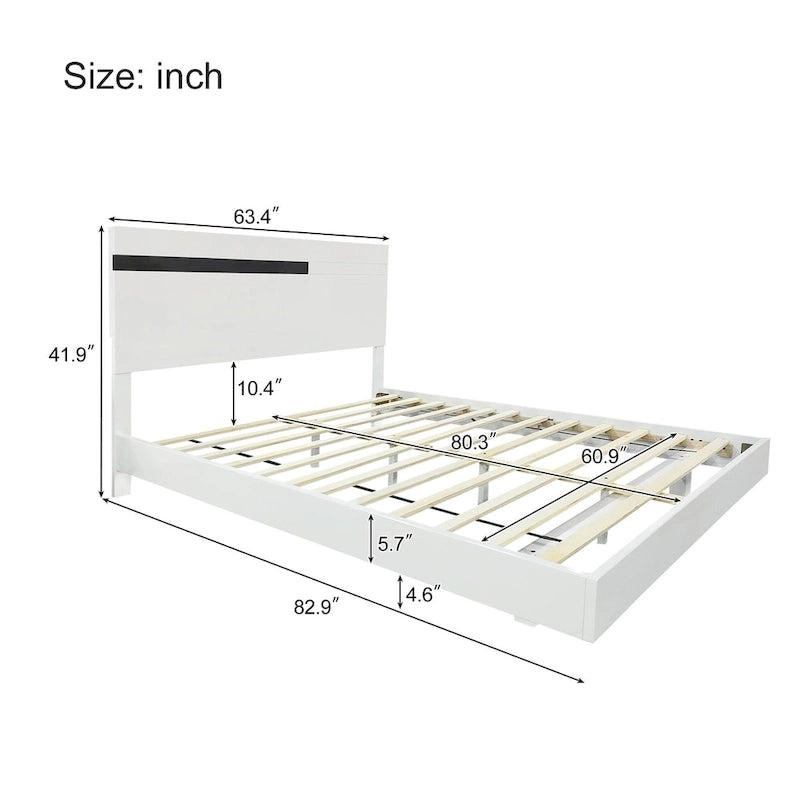Roomfitters Modern 3 Piece Glossy Queen Platform Bed Set, Lighted Frame, 2 Nightstands, White