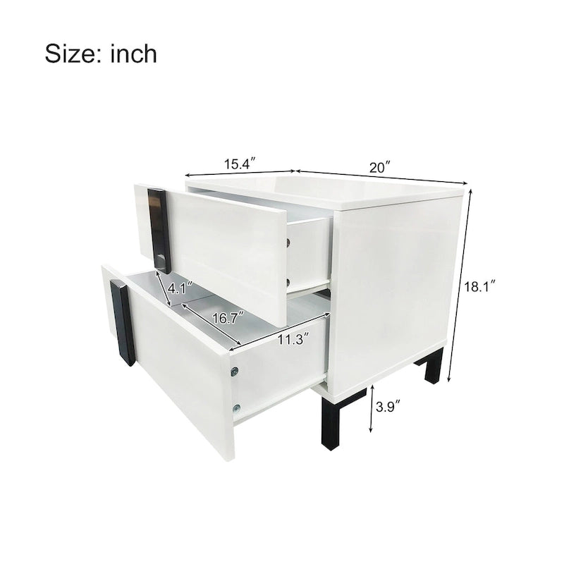 Roomfitters Modern 3 Piece Glossy Queen Platform Bed Set, Lighted Frame, 2 Nightstands, White
