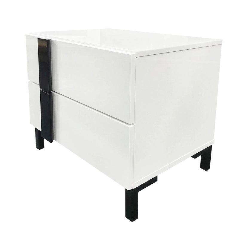 Roomfitters Modern 3 Piece Glossy Queen Platform Bed Set, Lighted Frame, 2 Nightstands, White