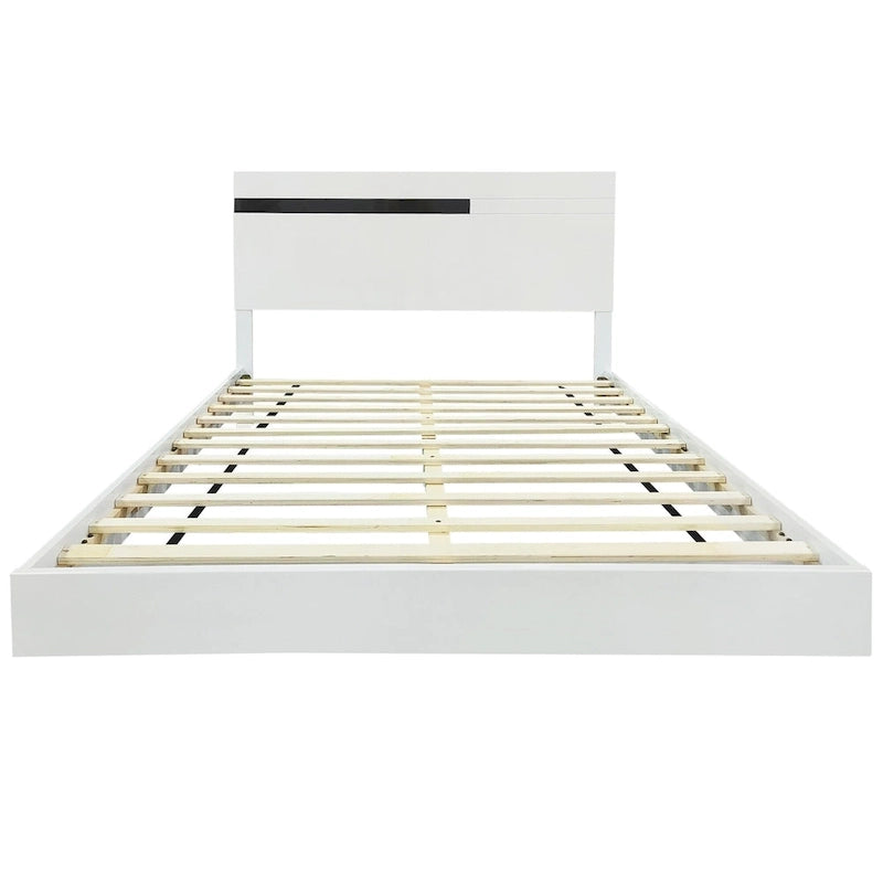 Roomfitters Modern 3 Piece Glossy Queen Platform Bed Set, Lighted Frame, 2 Nightstands, White