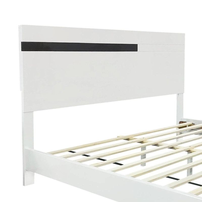 Roomfitters Modern 3 Piece Glossy Queen Platform Bed Set, Lighted Frame, 2 Nightstands, White