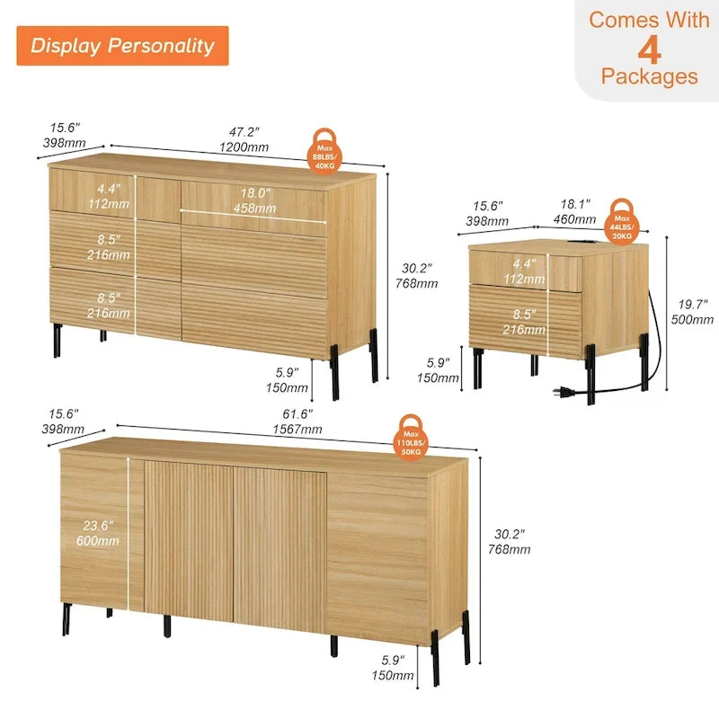WAMPAT 4-Piece Bedroom Furniture Set, 47 Fluted 6 Drawer Dresser, 61 Buffet Sideboard, 2 Nightstand with Charging Station, Oak