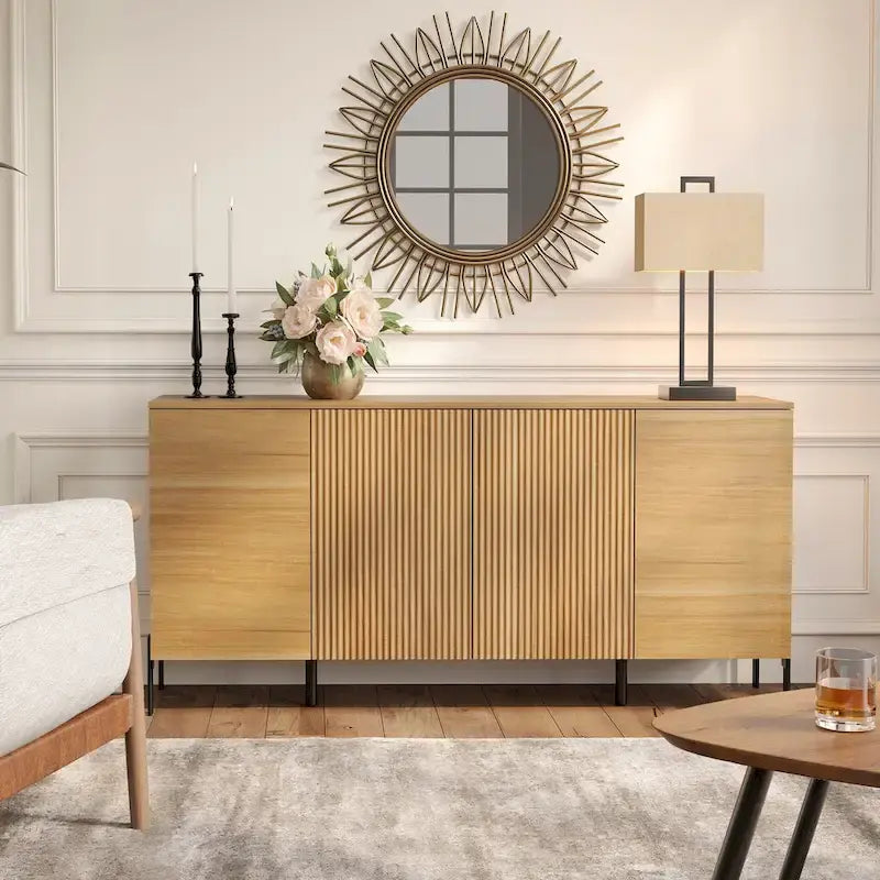 WAMPAT 4-Piece Bedroom Furniture Set, 47 Fluted 6 Drawer Dresser, 61 Buffet Sideboard, 2 Nightstand with Charging Station, Oak