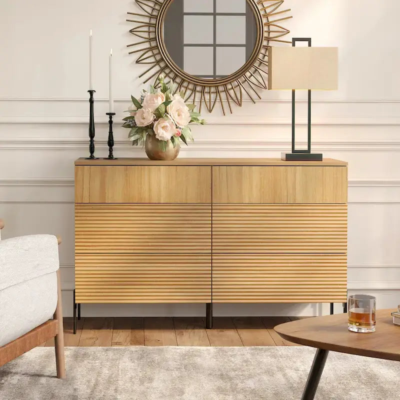WAMPAT 4-Piece Bedroom Furniture Set, 47 Fluted 6 Drawer Dresser, 61 Buffet Sideboard, 2 Nightstand with Charging Station, Oak