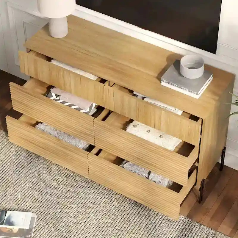 WAMPAT 4-Piece Bedroom Furniture Set, 47 Fluted 6 Drawer Dresser, 61 Buffet Sideboard, 2 Nightstand with Charging Station, Oak