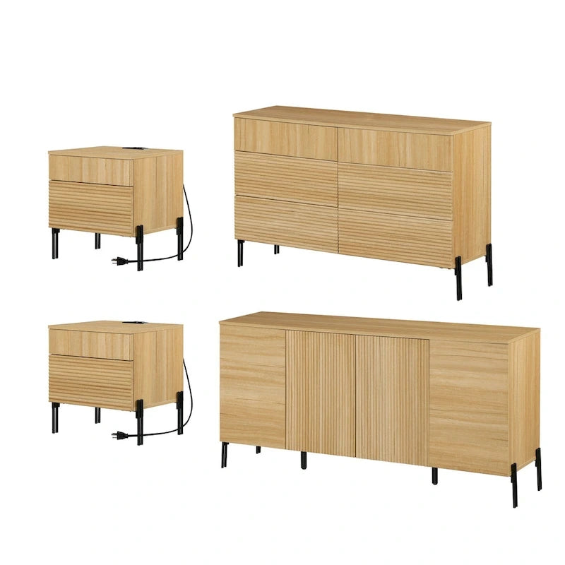 WAMPAT 4-Piece Bedroom Furniture Set, 47 Fluted 6 Drawer Dresser, 61 Buffet Sideboard, 2 Nightstand with Charging Station, Oak