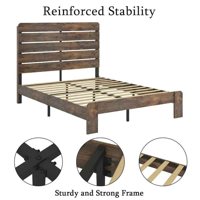 3-Pieces Bedroom Sets Wood Platform Bed Frame and Headboard,Solid Wood Nightstands Set of 2 with Three Drawer