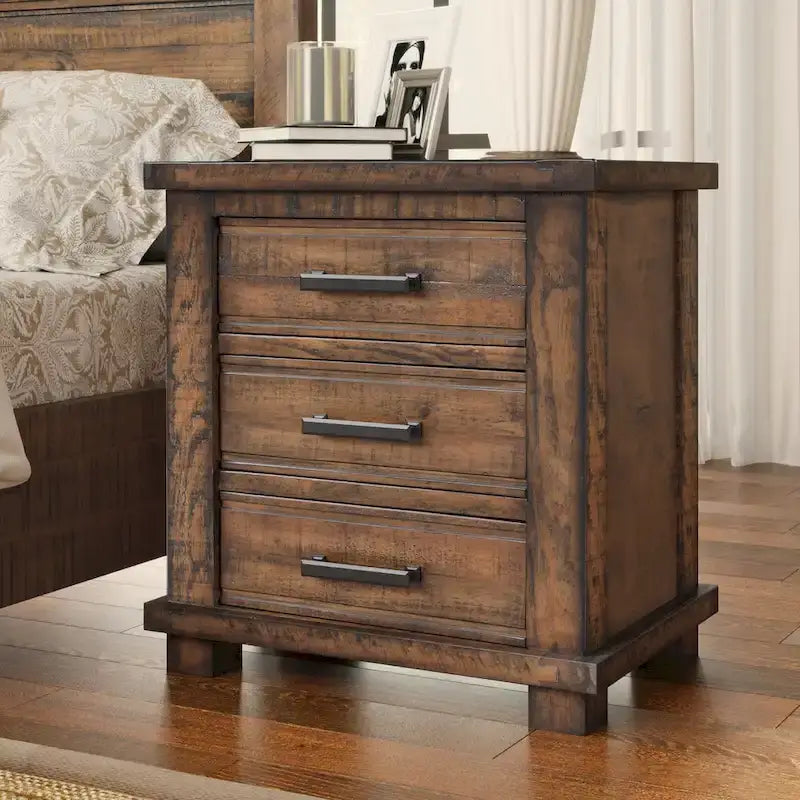 3-Pieces Bedroom Sets Wood Platform Bed Frame and Headboard,Solid Wood Nightstands Set of 2 with Three Drawer