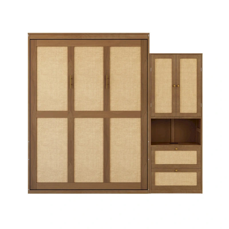 Solid Wood with Rattan Murphy Bed with Side Cabinet Storage Shelf