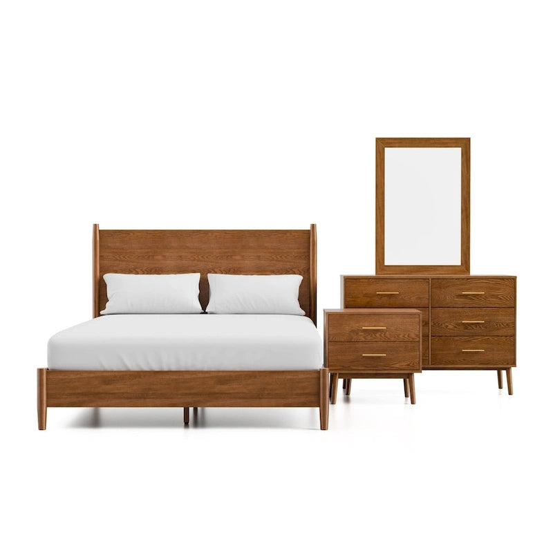 Furniture of America Beau Midcentury 4-Piece Walnut Wood Platform Bedroom Set