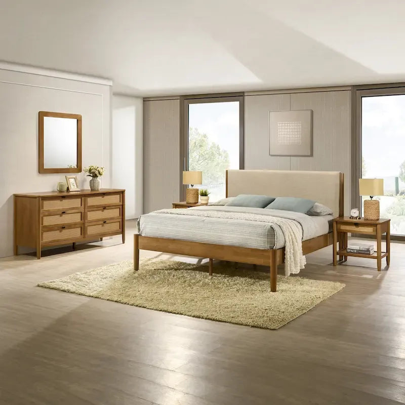 Roundhill Furniture Vichy 5-Piece Rattan Bedroom Set with Upholstered Queen Bed, Chest, Dresser, Mirror, and 2 Nightstands