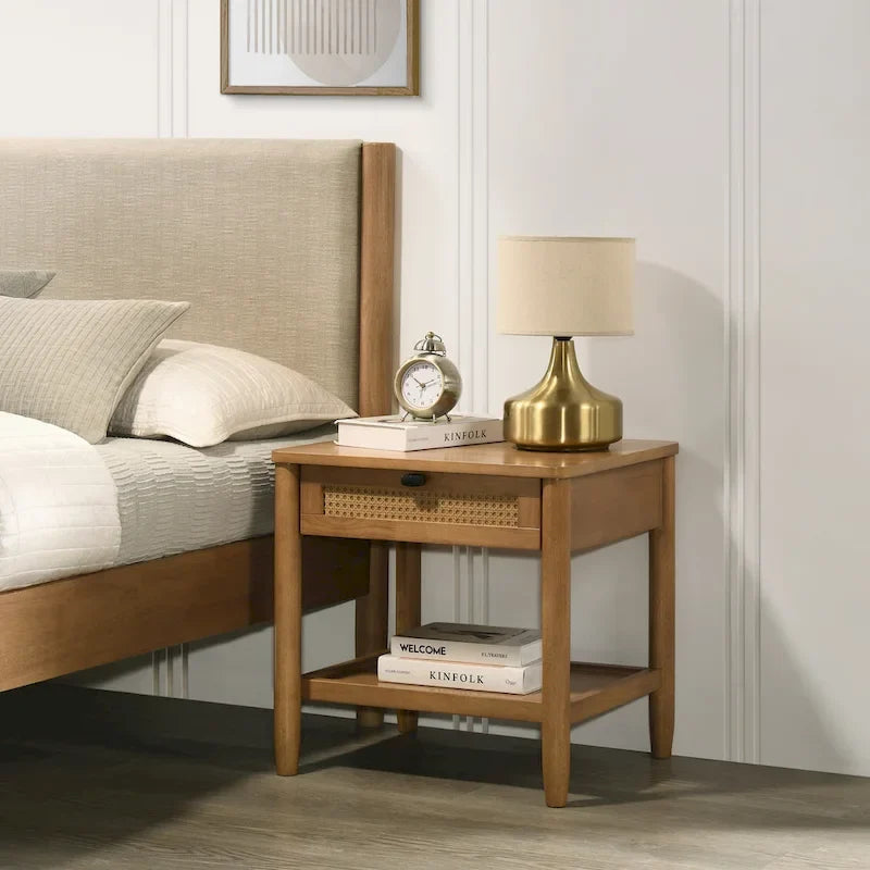 Roundhill Furniture Vichy 5-Piece Rattan Bedroom Set with Upholstered Queen Bed, Chest, Dresser, Mirror, and 2 Nightstands