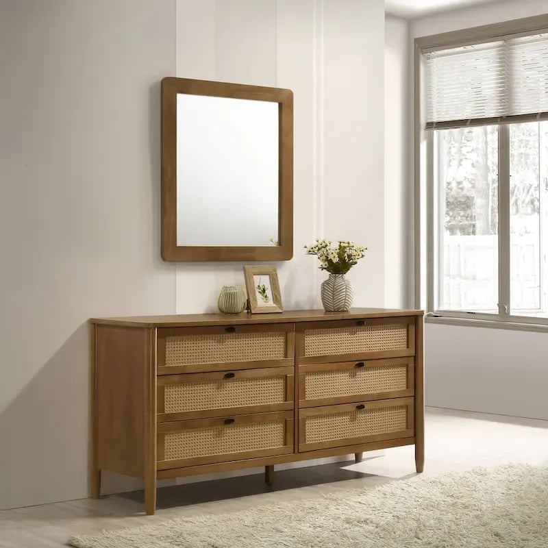 Roundhill Furniture Vichy 5-Piece Rattan Bedroom Set with Upholstered Queen Bed, Chest, Dresser, Mirror, and 2 Nightstands