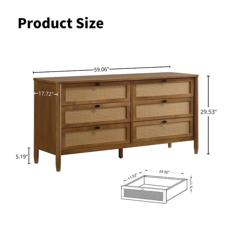 Roundhill Furniture Vichy 5-Piece Rattan Bedroom Set with Upholstered Queen Bed, Chest, Dresser, Mirror, and 2 Nightstands