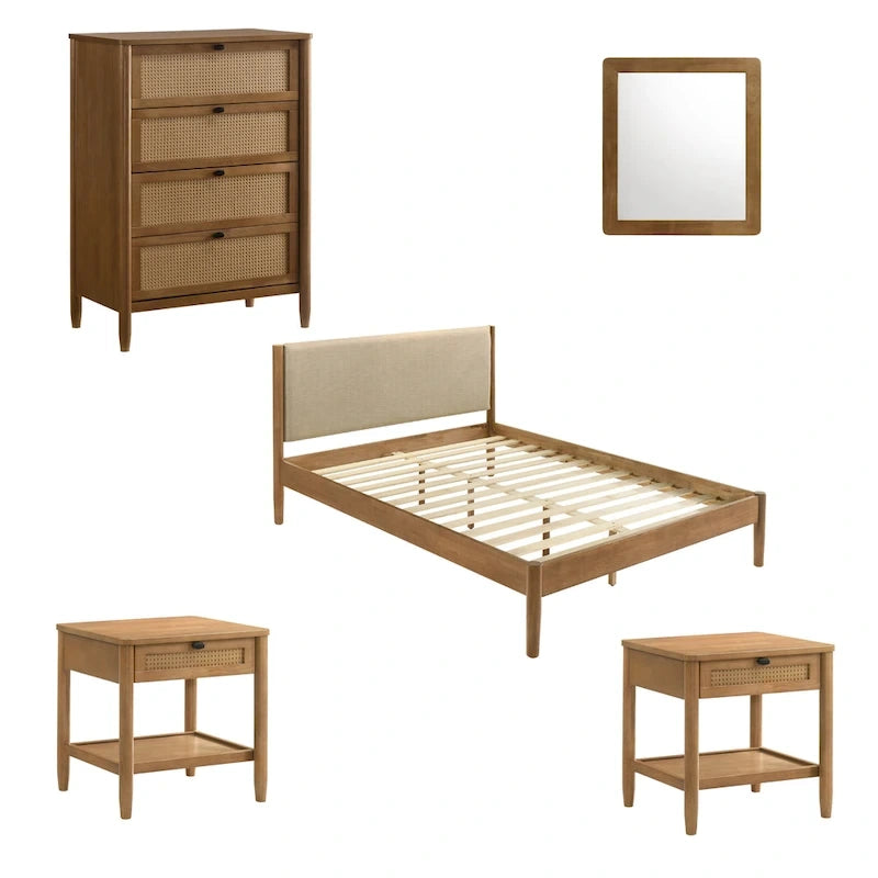 Roundhill Furniture Vichy 5-Piece Rattan Bedroom Set with Upholstered Queen Bed, Chest, Dresser, Mirror, and 2 Nightstands