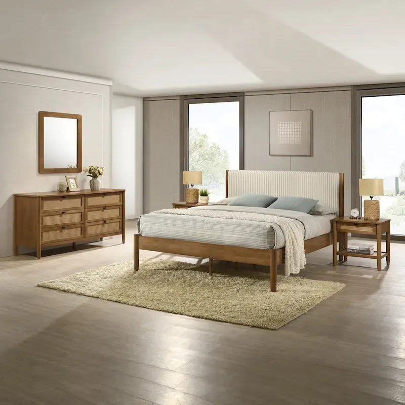 Roundhill Furniture Vichy 5-Piece Rattan Bedroom Set with Upholstered Queen Bed, Chest, Dresser, Mirror, and 2 Nightstands