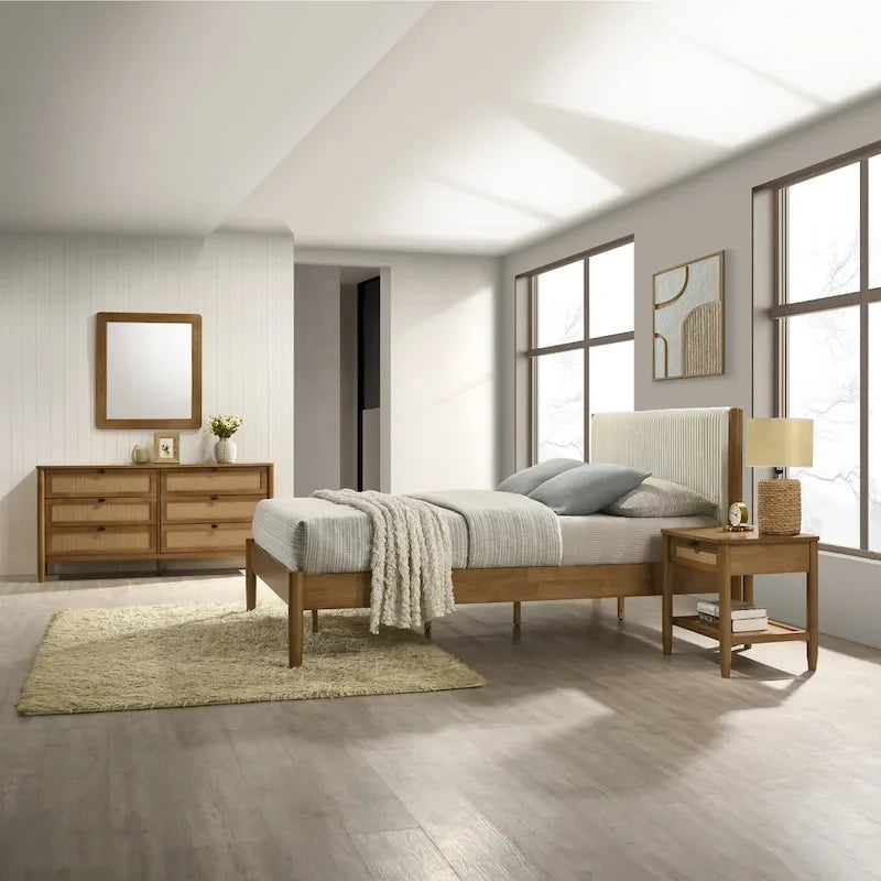 Roundhill Furniture Vichy 5-Piece Rattan Bedroom Set with Upholstered Queen Bed, Chest, Dresser, Mirror, and 2 Nightstands