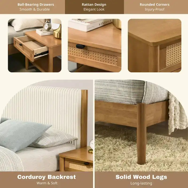 Roundhill Furniture Vichy 5-Piece Rattan Bedroom Set with Upholstered Queen Bed, Chest, Dresser, Mirror, and 2 Nightstands