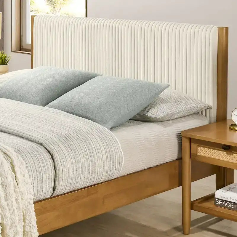 Roundhill Furniture Vichy 5-Piece Rattan Bedroom Set with Upholstered Queen Bed, Chest, Dresser, Mirror, and 2 Nightstands