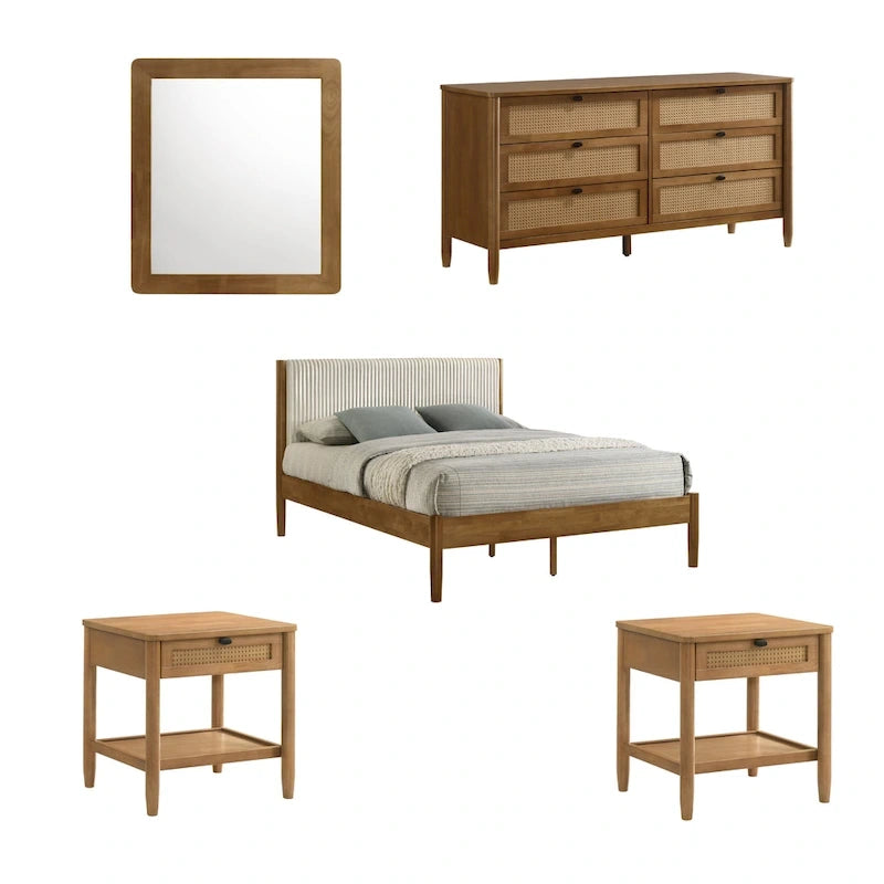 Roundhill Furniture Vichy 5-Piece Rattan Bedroom Set with Upholstered Queen Bed, Chest, Dresser, Mirror, and 2 Nightstands