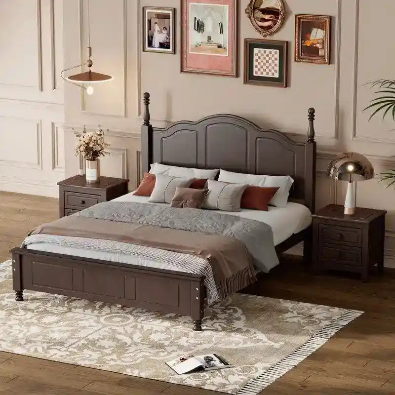 3PCS Retro Design Queen/Full Size Wood Platform Bed Set with 2 Nightstands