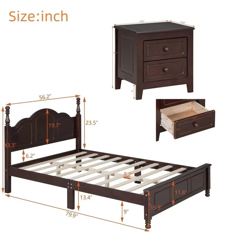 3PCS Retro Design Queen/Full Size Wood Platform Bed Set with 2 Nightstands