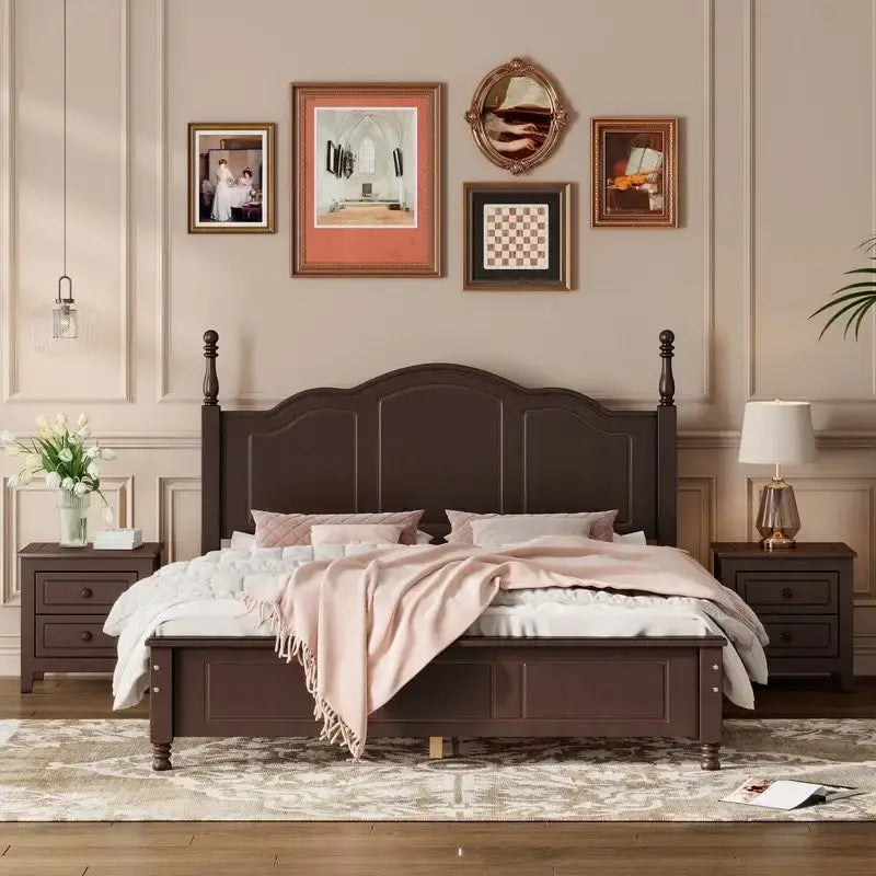 3PCS Retro Design Queen/Full Size Wood Platform Bed Set with 2 Nightstands