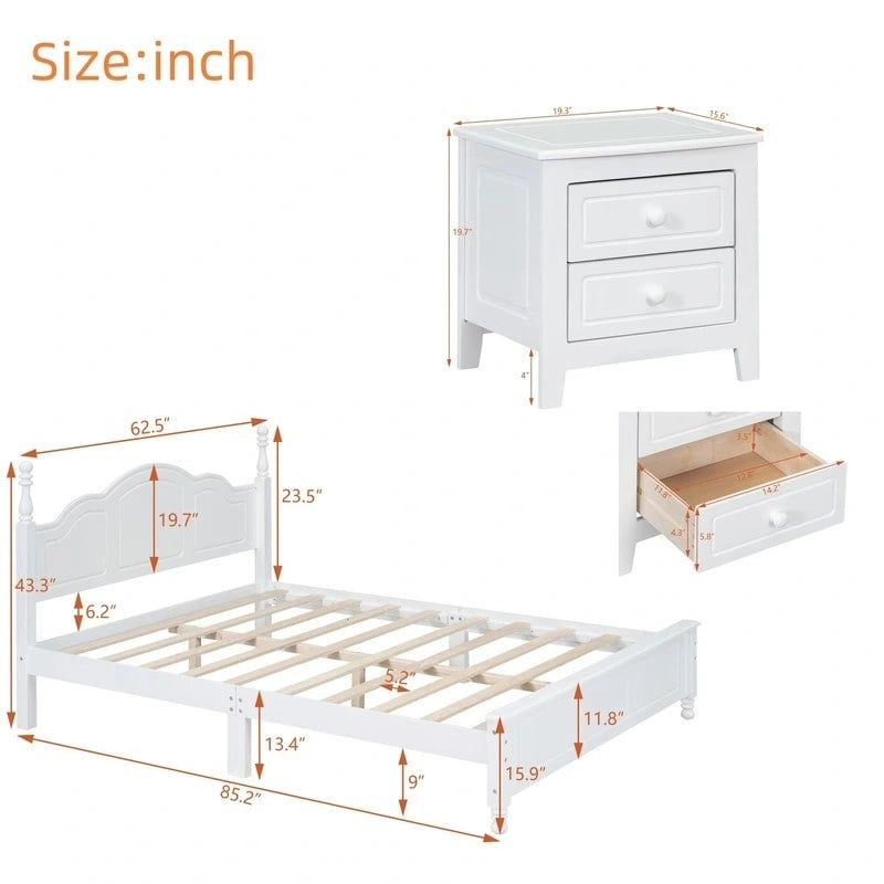 3PCS Retro Design Queen/Full Size Wood Platform Bed Set with 2 Nightstands