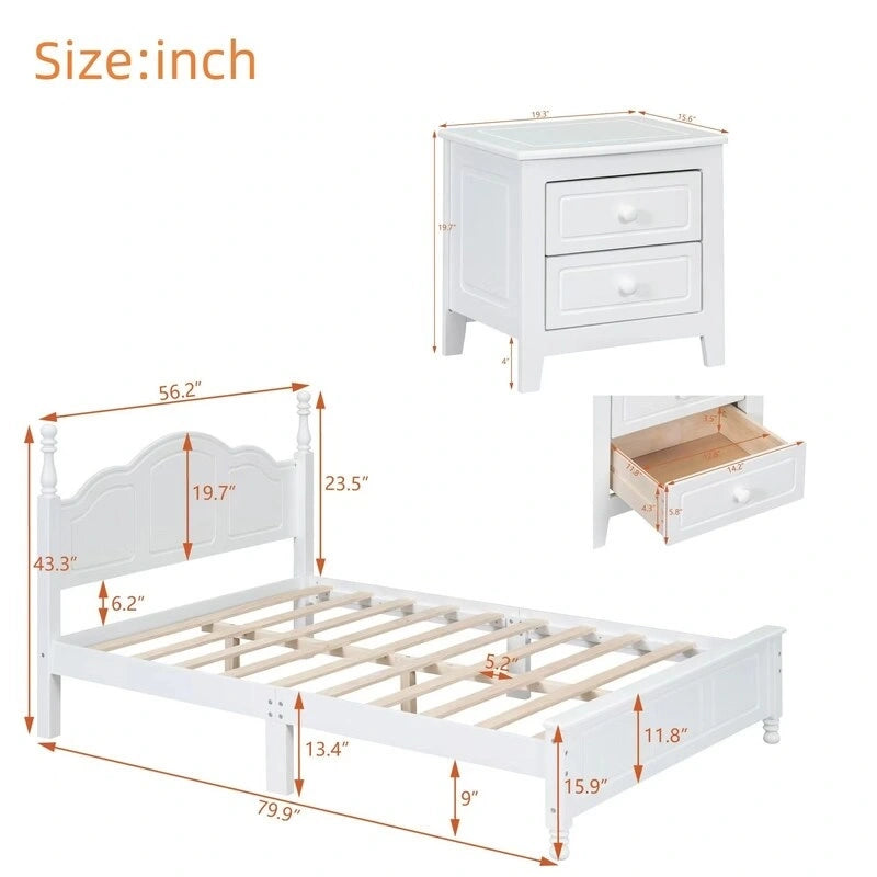 3PCS Retro Design Queen/Full Size Wood Platform Bed Set with 2 Nightstands