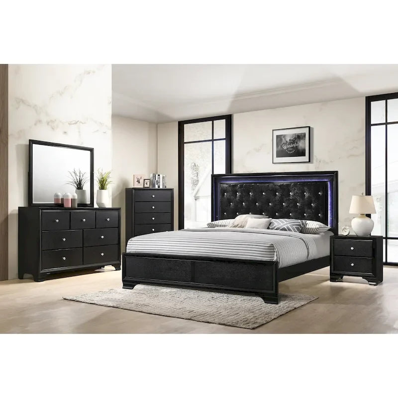 Nathalie 4 Piece Black LED Fabric Upholstered Tufted Panel Bedroom Set