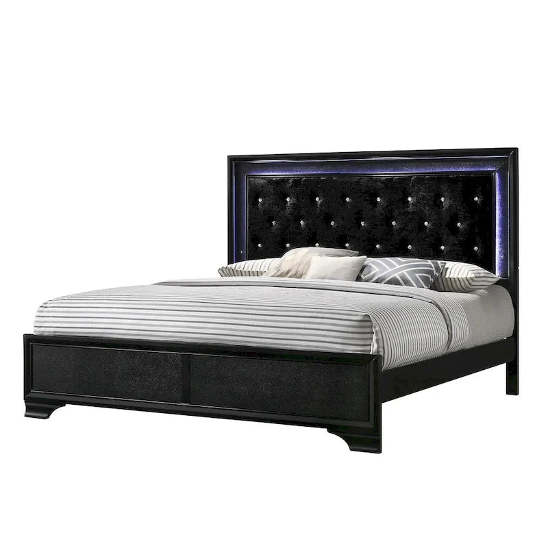 Nathalie 4 Piece Black LED Fabric Upholstered Tufted Panel Bedroom Set