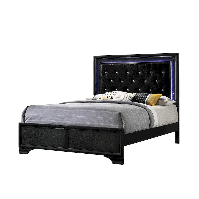 Nathalie 4 Piece Black LED Fabric Upholstered Tufted Panel Bedroom Set