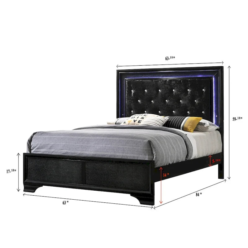 Nathalie 4 Piece Black LED Fabric Upholstered Tufted Panel Bedroom Set